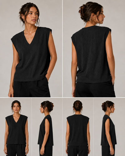 Textured V-Neck Sleeveless Top — Black
