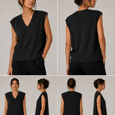 Textured V-Neck Sleeveless Top — Black